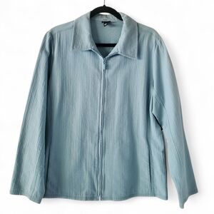 EILEEN FISHER Blue/Green Textured  Cotton Knit Full Zip Shacket Women's‎ Size L